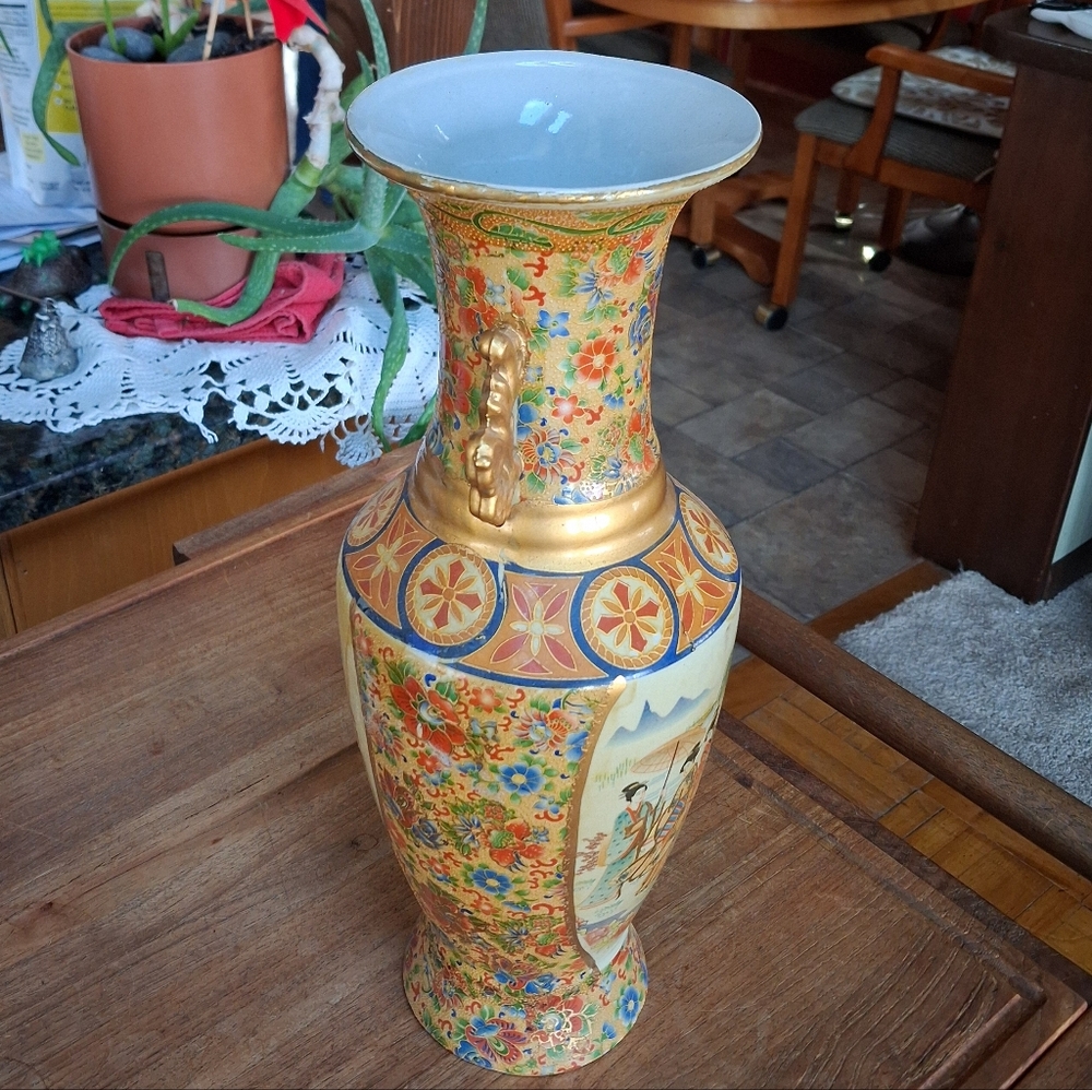 Vintage Asian-Style Decorative Vase – Multicolor/Gold – 15” Tall - Picture 3 of 4